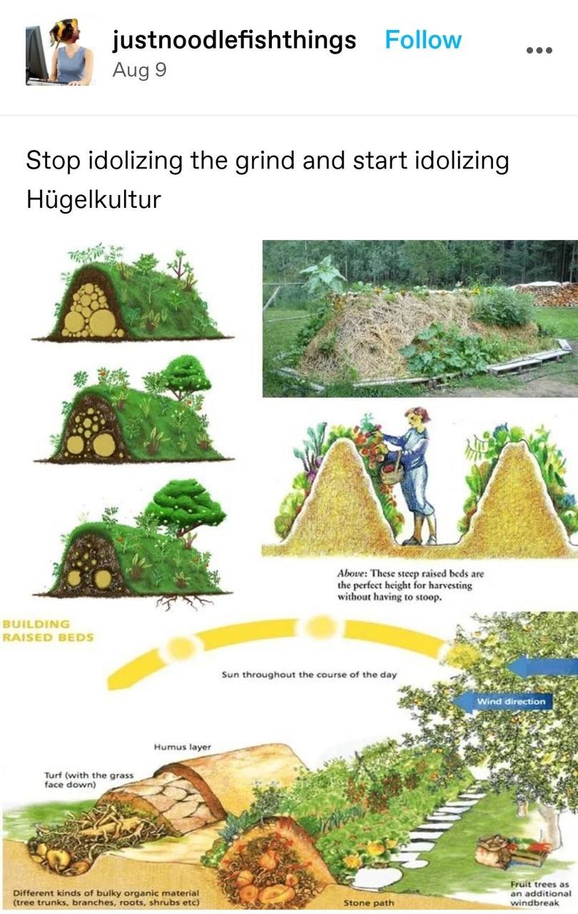 justnoodlefishthings Follow Aug 9 Stop idolizing the grind and start idolizing Hugelkultur to Above: These steep beds are the perfect height for harvesting without having to stoop. Sun throughout the 