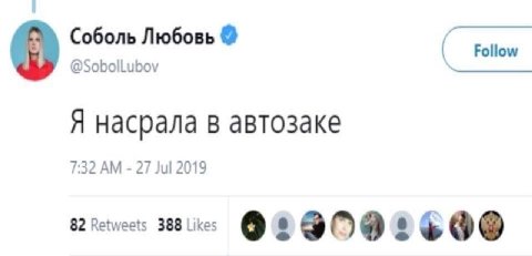 Соболь Любовь @SobolLubov Follow Я насрала В автозаке 7:32 27 Jul 2019 82 Retweets 388 Likes 0 8 8