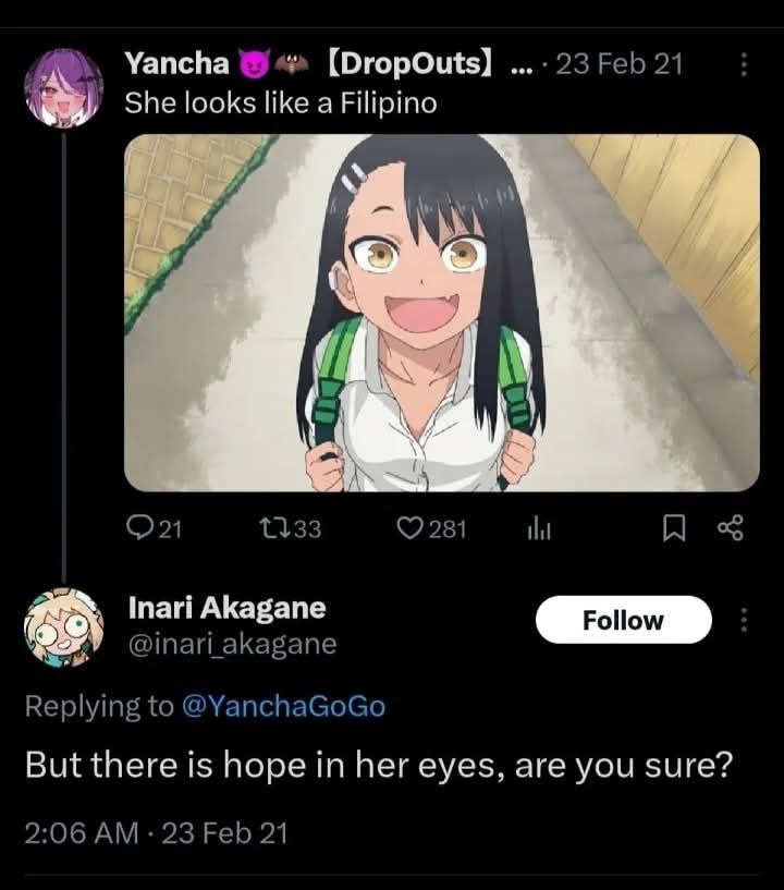 Yancha [ОгорОц{$] 23 Feb 21 pino She looks like a ©2281 Inari Akagane Replying to @YanchaGoGo But there is hope in her eyes, are you sure? 2:06 23 Feb 21
