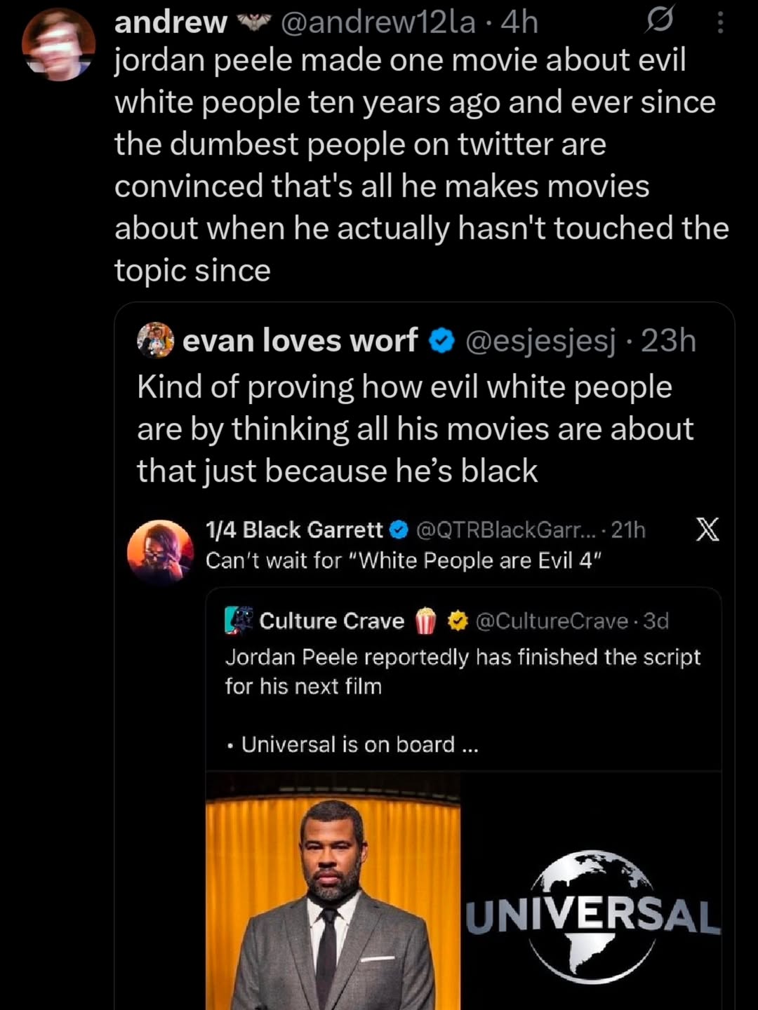 andrew jordan peele made one movie about evil white people ten years ago and ever since the dumbest people on twitter are convinced that's all he makes movies about when he actually hasn't touched the