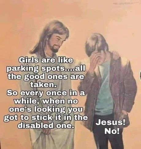 Girls. are like parking the good ones are taken. So every once ina while, when no one's looking you got to stick it in the Jesus! disabled one.. No!