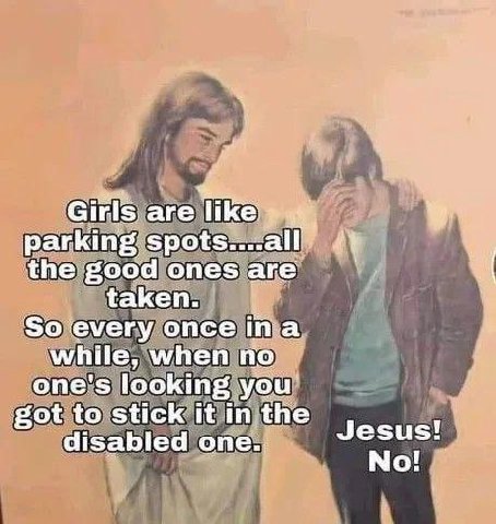 Girls. are like parking the good ones are taken. So every once ina while, when no one's looking you got to stick it in the Jesus! disabled one.. No!