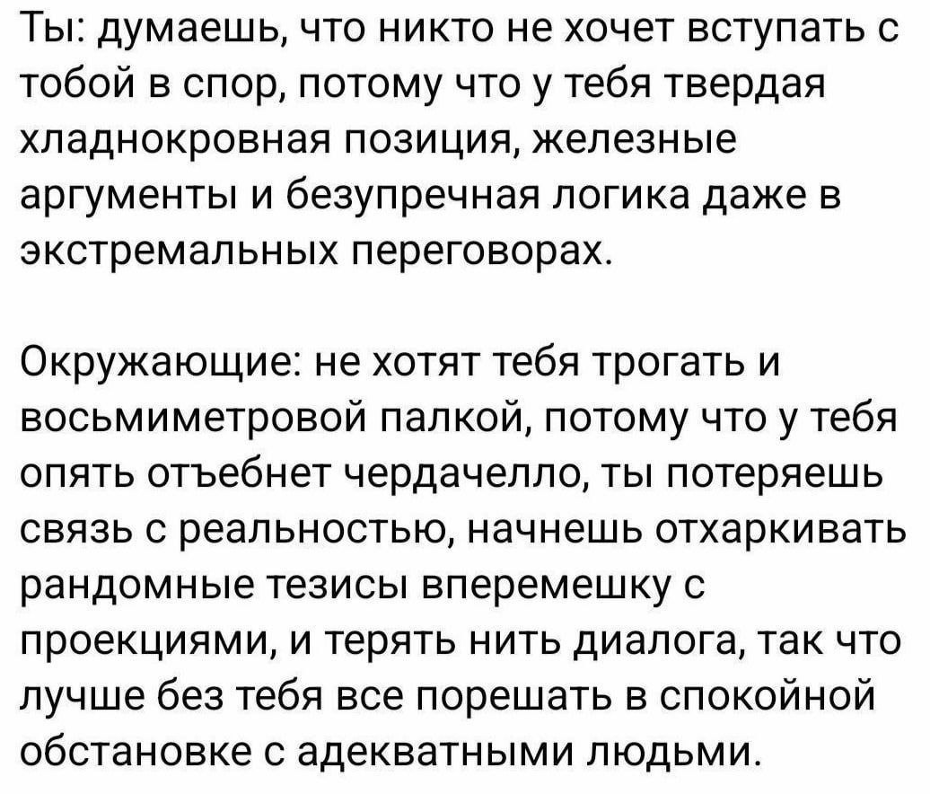 Ты: думаешь, что никто не хочет вступать с тобой в спор, потому что у тебя твердая хладнокровная позиция, железные аргументы и безупречная логика даже в экстремальных переговорах. Окружающие: не хотят