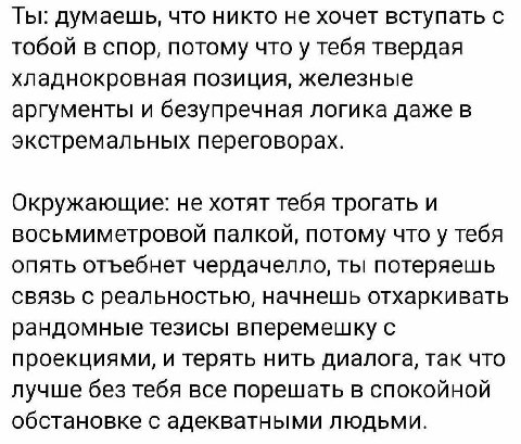 Ты: думаешь, что никто не хочет вступать с тобой в спор, потому что у тебя твердая хладнокровная позиция, железные аргументы и безупречная логика даже в экстремальных переговорах. Окружающие: не хотят