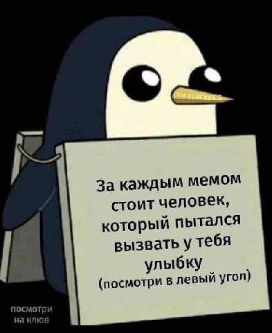 За каждым мемом стоит человек, который пытался вызвать у тебя улыбку (посмотри в левый угол) посмотри на клюв