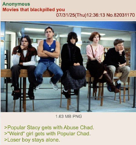Anonymous Movies that blackpilled you 07/31/25(Thu)12:36:13 No.82031170 1 7 if 4 1.63 PNG >Popular Stacy gets with Abuse Chad. >"Weird" girl gets with Popular Chad. >Loser boy stays alone.