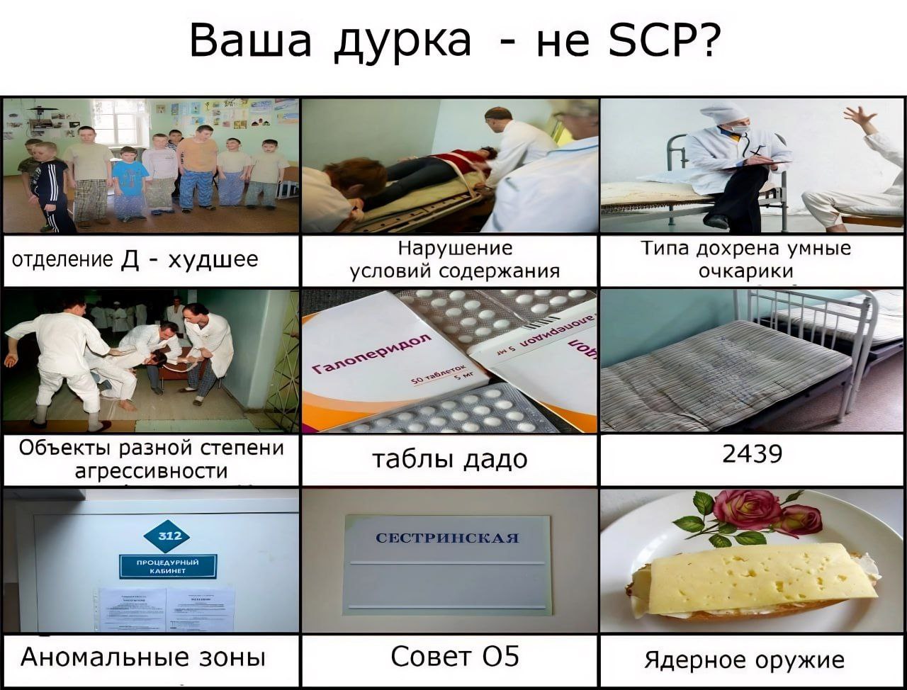 Ваша дурка He SCP? Нарушение Типа дохрена умные отделение худшее 7 Объекты разной степени 24 агрессивности таблы дадо 39 Аномальные зоны Совет 05 Ядерное оружие