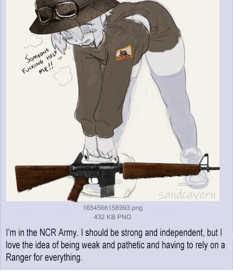 и 1654566 158993.png 432 PNG in the NCR Army. should be strong and independent, but love the idea of being weak and pathetic and having to rely опа Ranger for everything.