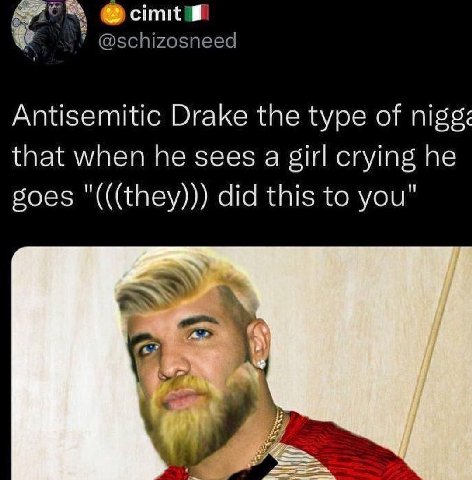 @cimitm @schizosneed Antisemitic Drake the type of that when he sees a girl crying he goes "(((they))) did this to you"