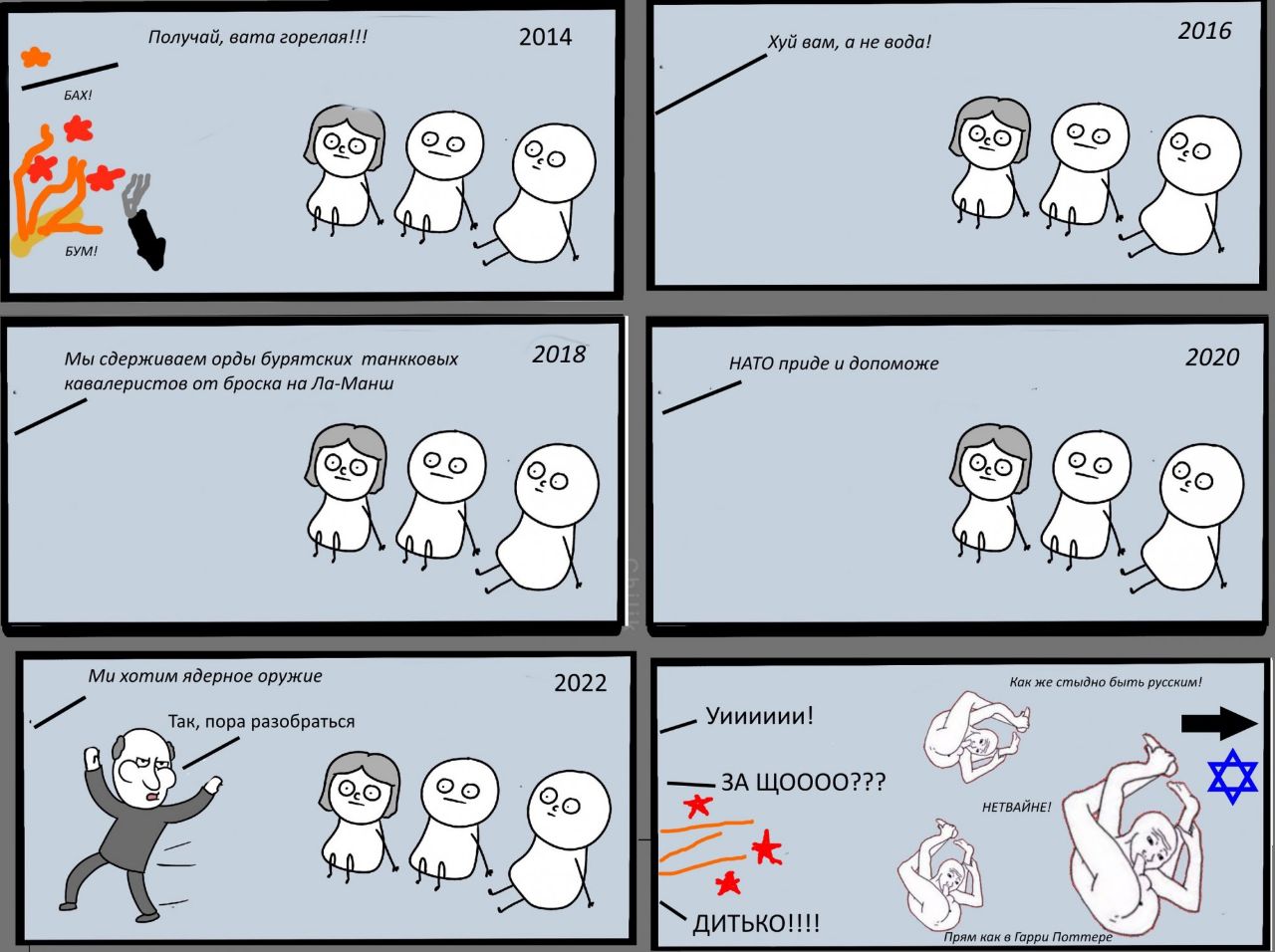 Получай, вата горелая!!! 2014 Хуй вам, а не вода! 2016 БАХ! БУМ! 2018 2020 Мы сдерживаем орды бурятских танкковых НАТО приде и допоможе кавалеристов от броска на Ла-Манш xomum ядерное оружие 2022 Кок 