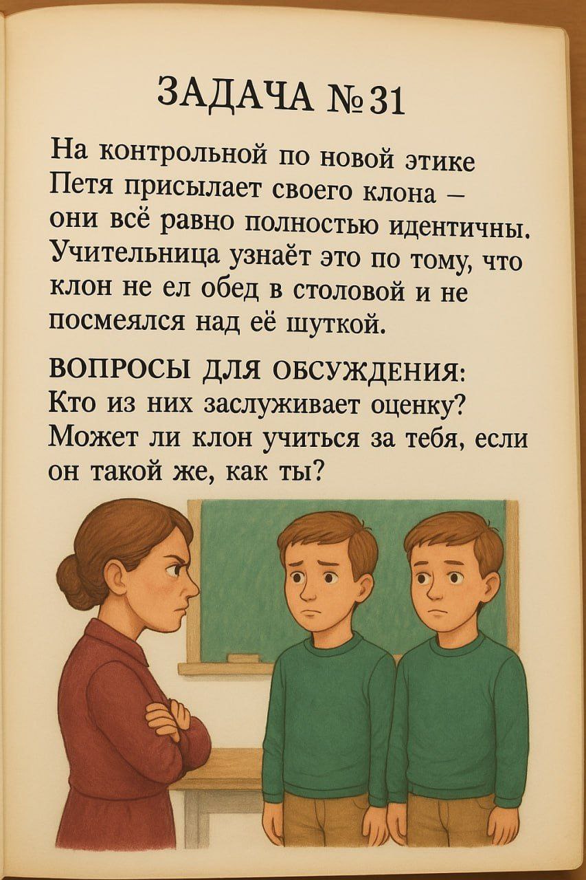 ЗАДАЧА №31 На контрольной по новой этике Петя присылает своего клона они всё равно полностью идентичны. Учительница узнаёт это по тому, что клон не обед в столовой и не посмеялся над её шуткой. ВОПРОС