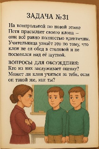 ЗАДАЧА №31 На контрольной по новой этике Петя присылает своего клона они всё равно полностью идентичны. Учительница узнаёт это по тому, что клон не обед в столовой и не посмеялся над её шуткой. ВОПРОС