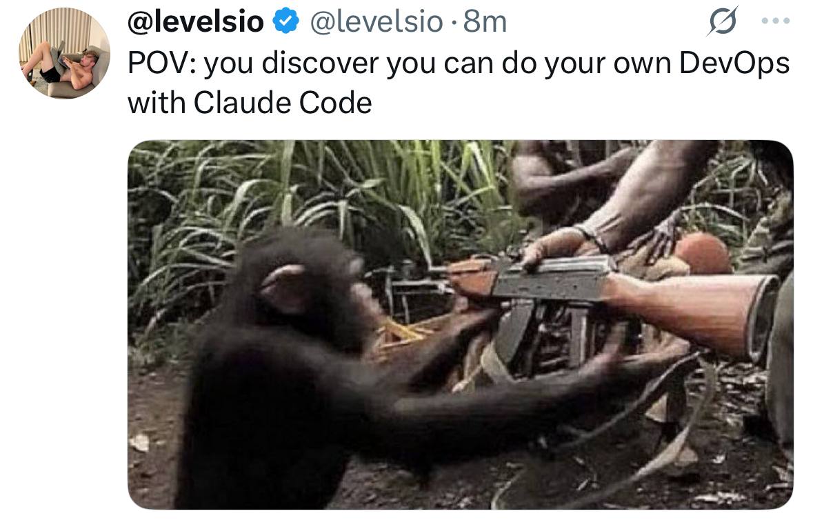 @levelsio @levelsio POV: you discover you can your own DevOps with Claude Code WAT