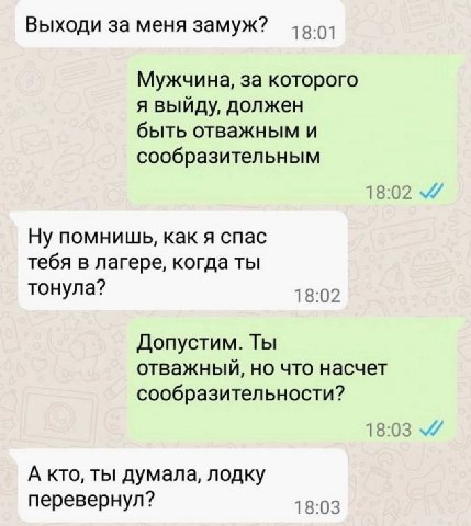 Выходи за меня замуж? 18:01 Мужчина, за которого я выйду, должен быть отважным и сообразительным 18:02 Ну помнишь, как я спас тебя в лагере, когда ты тонула? 18:02 Допустим. Ты отважный, но что насчет