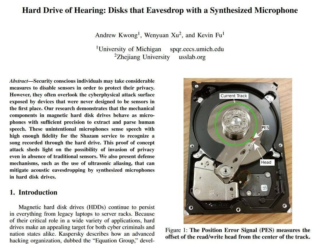 Hard Drive of Hearing: Disks that Eavesdrop with a Synthesized Microphone Andrew Kwong!, Wenyuan and Kevin of University Abstract—Security conscious individuals may take considerable measures to disab