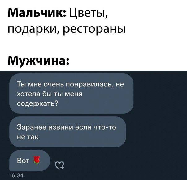 Мальчик: Цветы, подарки, рестораны Мужчина: Ты мне очень понравилась, не хотела бы ты меня содержать? Заранее извини если что-то не так Вот