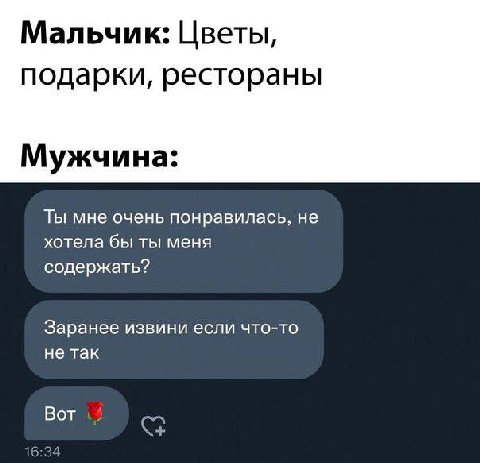 Мальчик: Цветы, подарки, рестораны Мужчина: Ты мне очень понравилась, не хотела бы ты меня содержать? Заранее извини если что-то не так Вот