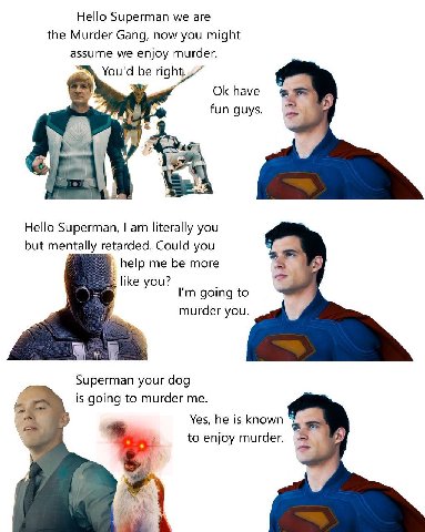Hello Superman we are the Murder Gang, now you might assume we enjoy murder. You'd be right. have fun 4 Hello Superman, literally you but mentally retarded. Could you help me be more 5 like you? going