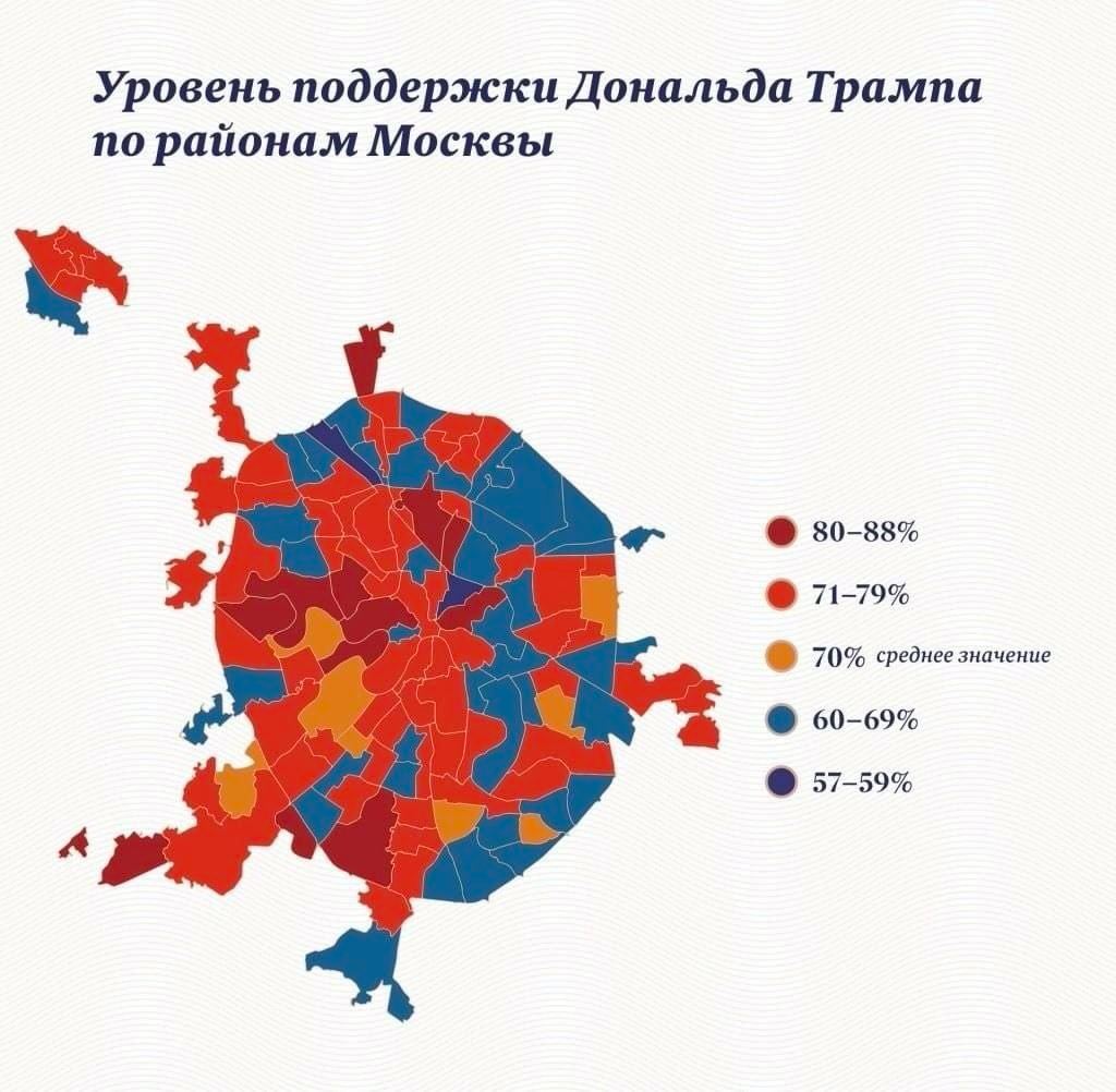 Уровень поддержки Дональда Трампа по районам Москвы 30-83% 71-79% 70% среднее значение 60-69% 57-59%