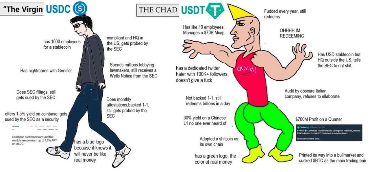 и 7 The Virgin USDC [THE CHAD Fudded every year, still гедеет$ Has like 10 employees, Manages a Mcap OHHHH compliant and in REDEEMING has 1000 employees the gets probed for a stablecoin the SEC Has US