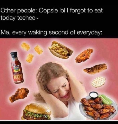 Other people: Oopsie lol forgot to eat today teehee~ Me, every waking second of everyday: