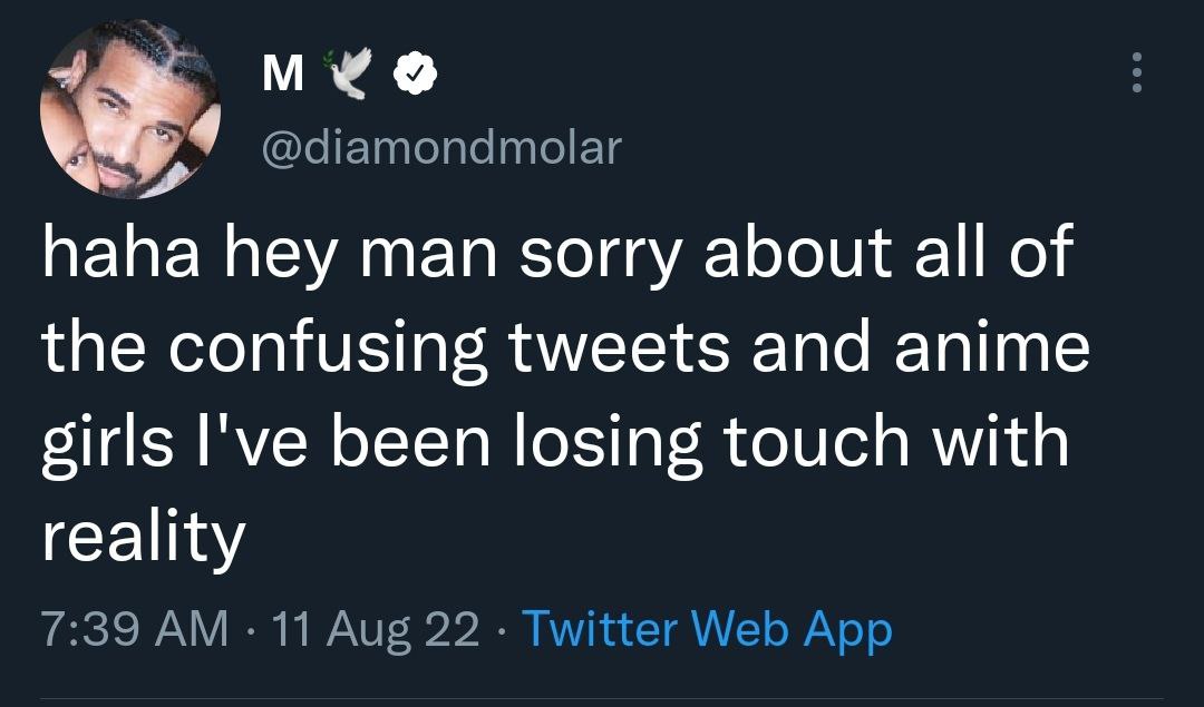 мхо @diamondmolar haha hey man sorry about all of the confusing tweets and anime girls I've been losing touch with reality 7:39 11 Aug 22 Twitter Web App