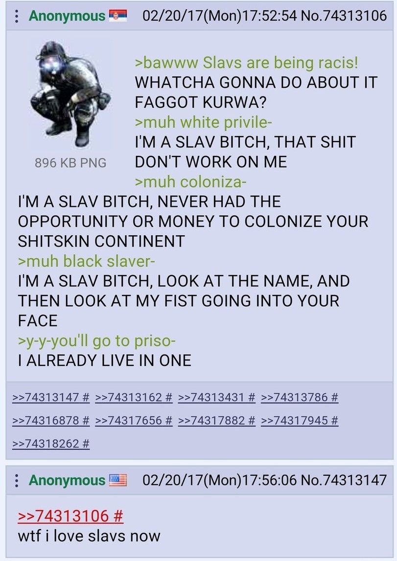 Anonymous (02/20/17(Моп)17:52:54 No.74313106 >bawww Slavs are being racis! WHATCHA GONNA ABOUT IT FAGGOT KURWA? >muh white privile- ГМА SLAV BITCH, THAT SHIT 896 PNG DON'T WORK ON ME >muh coloniza- A 