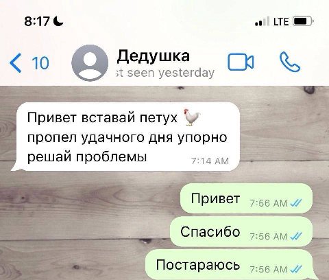 8:17 10 Дедушка seen yesterday Привет вставай петух пропел удачного дня упорно решай проблемы 7:14 Постараюсь 7:56