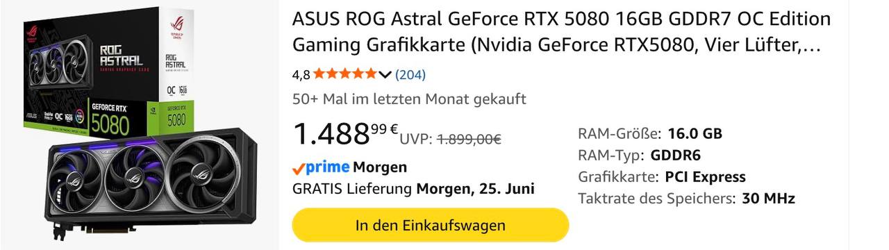ASUS ROG Astral GeForce RTX 5080 GDDR7 Edition Gaming Grafikkarte (Nvidia GeForce RTX5080, Vier Lifter,... 4,8 (204) 50+ Mal letzten Monat gekauft CERTX 5080 и 16.0 КАМ-Тур: GDDR6 Grafikkarte: PCI Exp