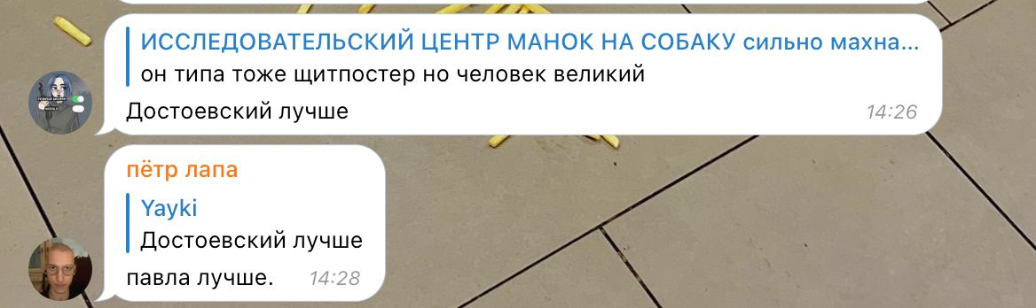 ИССЛЕДОВАТЕЛЬСКИЙ ЦЕНТ НА СОБАКУ сильно махна... он типа тоже щитпостер но человек великий Достоевский лучше 14:26 пётр лапа Yayki Достоевский лучше 14:28 павла лучше.