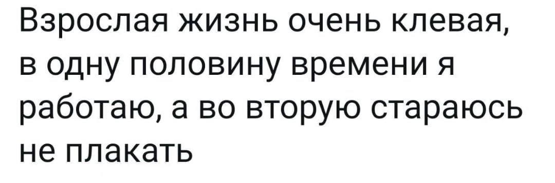 Взрослая жизнь очень клевая, в одну половину времени я работаю, а во вторую стараюсь не плакать