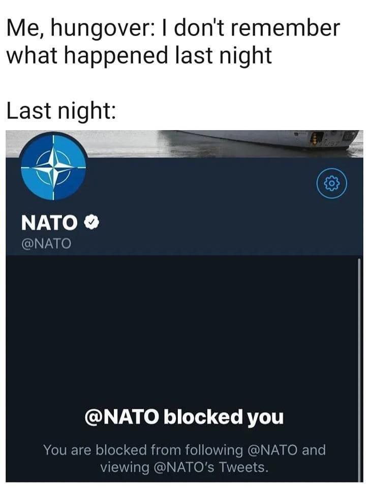 hungover: dont remember what happened last night Last night: NATO @NATO @NATO blocked you You are blocked from following @NATO and viewing @МАТО'$ Tweets.