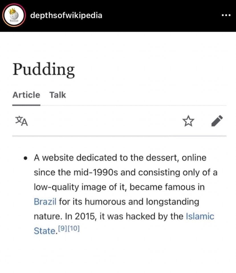 о depthsofwikipedia Pudding Article Talk A website dedicated to the dessert, online since the mid-1990s and consisting only of a low-quality image of it, became famous in Brazil for its humorous and l