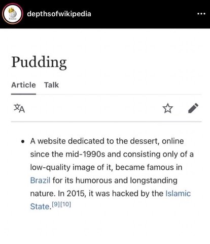 о depthsofwikipedia Pudding Article Talk A website dedicated to the dessert, online since the mid-1990s and consisting only of a low-quality image of it, became famous in Brazil for its humorous and l