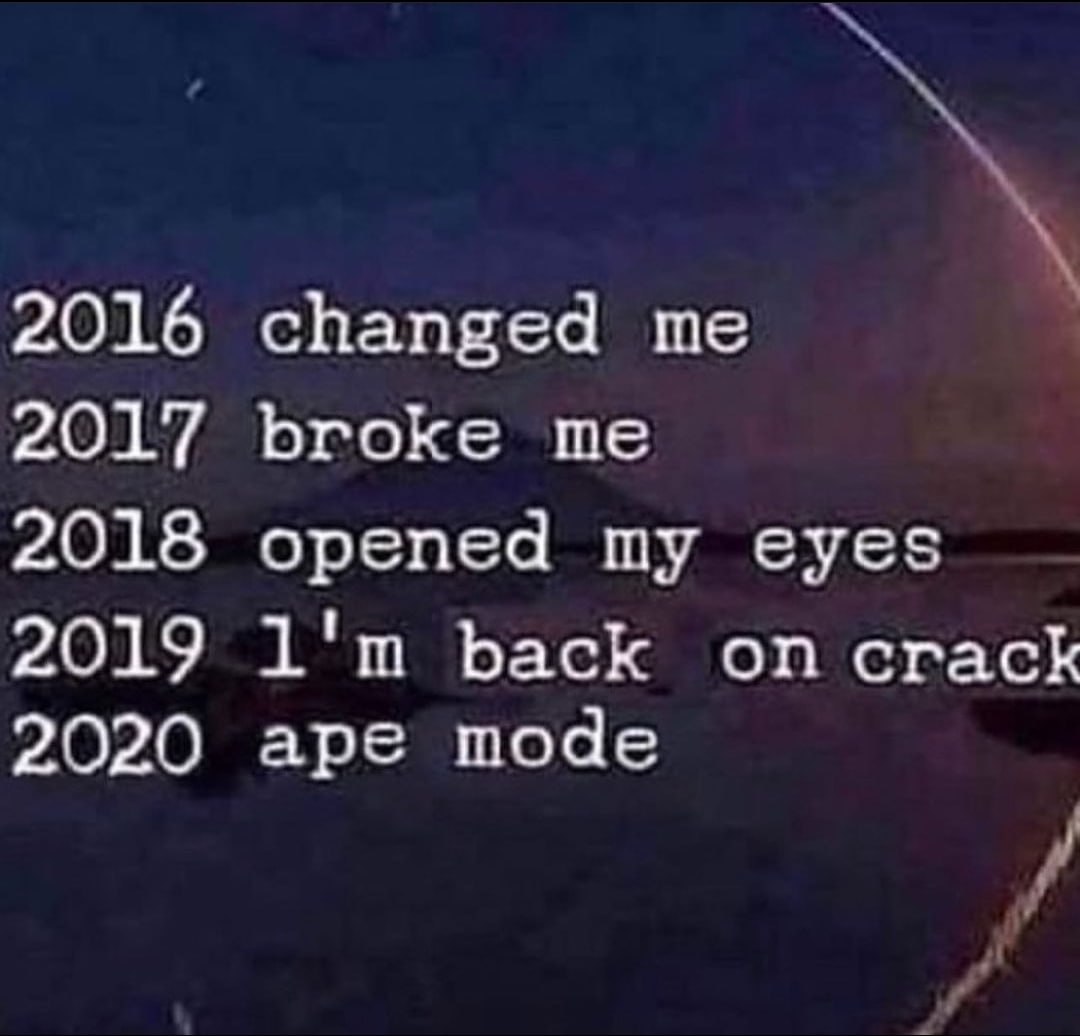 2016 changed me broke me 2017 2018 opened my eyes 2019 back 2020 ape mode