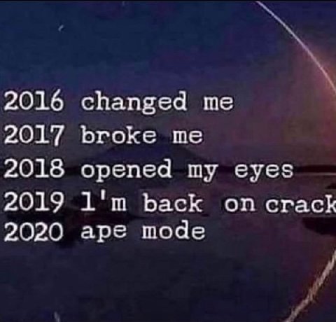 2016 changed me broke me 2017 2018 opened my eyes 2019 back 2020 ape mode