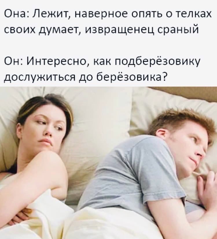 Она: Лежит, наверное опять о телках своих думает, извращенец сраный Он: Интересно, как подберезовику дослужиться до березовика?