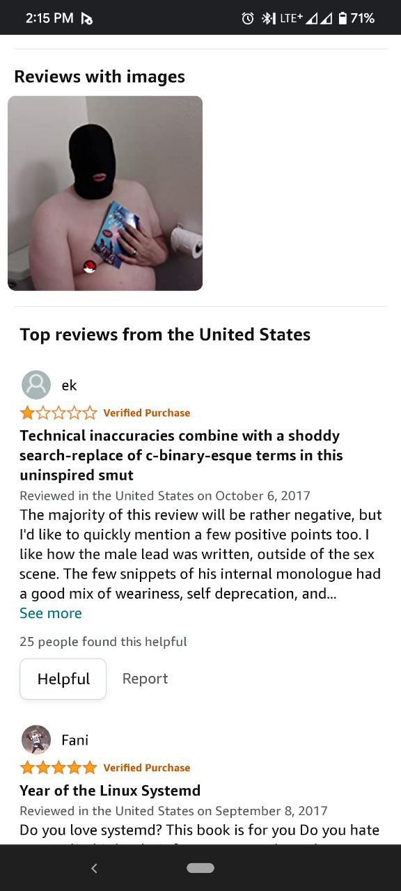 2:15 в 71% Reviews with images Top reviews from the United States Verified Purchase Technical inaccuracies combine with a shoddy search-replace of c-binary-esque terms in this uninspired smut Reviewed