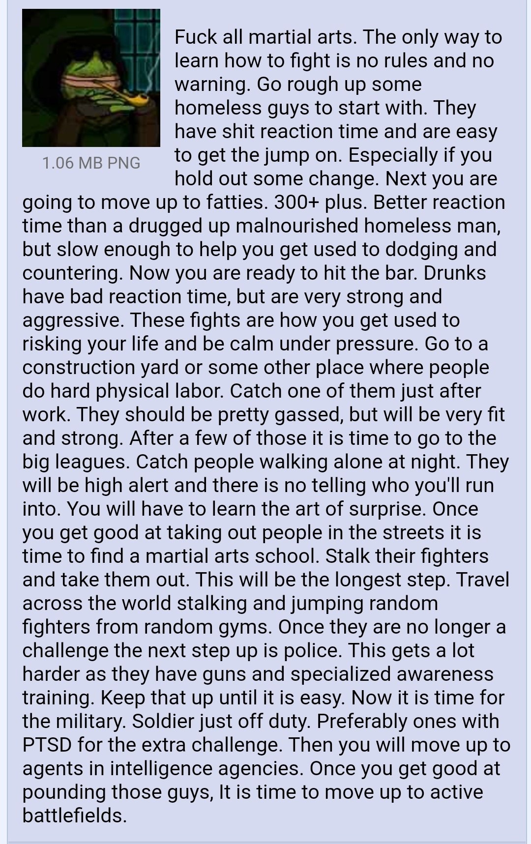 Fuck all martial arts. The only way to learn how to fight is no rules and no warning. rough up some homeless guys to start with. They have shit reaction time and are easy 1.06 PNG to get the jump on. 