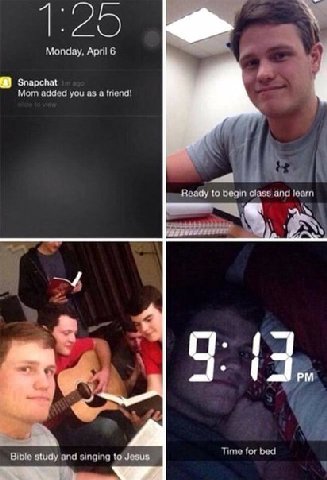 Monday, April 6 Snapchat Mom added you as a friend! 3 Ready to begin class and learn Time for bed Bible study and singing to Jesus