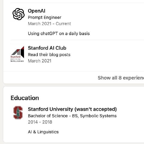 OpenAl Prompt Engineer March 2021 Current Using chatGPT on a daily basis Stanford Club Read their blog posts ARTIFICIAL INTELLIGENCE March 2021 Show all 8 Education Stanford University (wasn't accepte