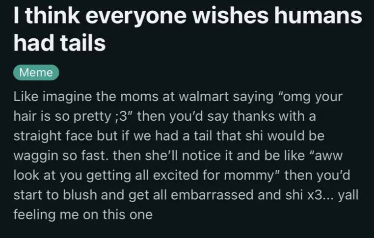 think everyone wishes humans had tails _Мете_ Like imagine the moms at walmart saying “omg your hair is so pretty ;3” then say thanks with а straight face but if we had a tail that shi would be waggin