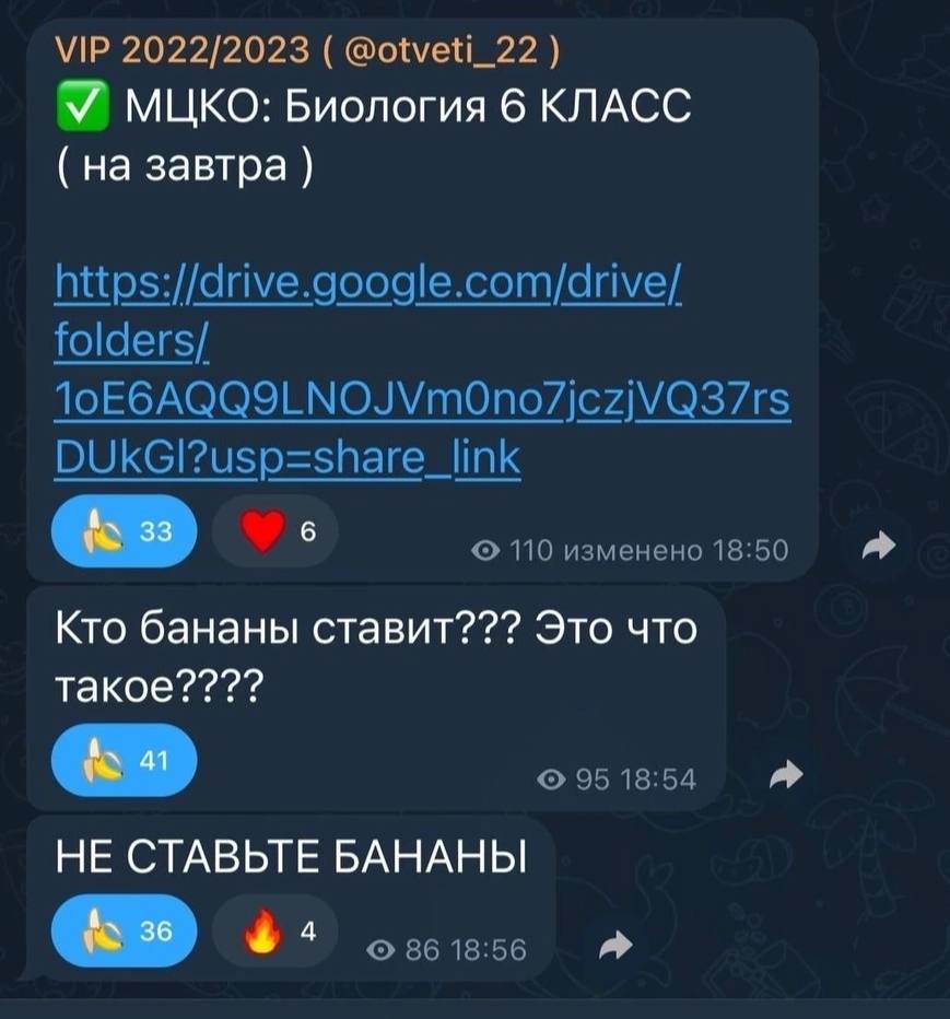 VIP 2022/2023 @otveti_22 МЦКО: Биология 6 КЛАСС на завтра https://drive.google.com/drive/ folders/ DUkKGI?usp=share_link 110 изменено 18:50 Кто бананы ставит??? Это что Takoe???? 95 18:54 НЕ СТАВЬТЕ Б