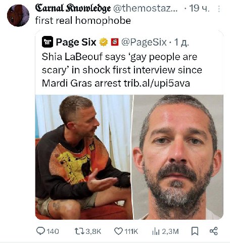 Carnal Knowledge @themostaz... 19 first real homophobe Page Six @PageSix- 1 Shia LaBeouf says ‘gay people are scary’ in shock first interview since Mardi Gras arrest trib.al/upi5ava jas