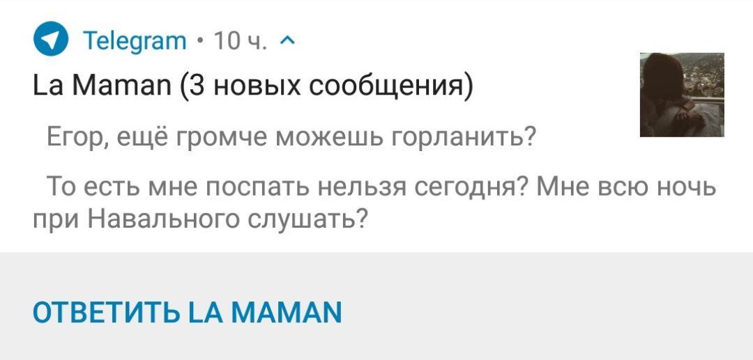 Telegram 104. [а Матап (3 новых сообщения) Егор, ещё громче можешь горланить? То есть мне поспать нельзя сегодня? Мне всю ночь при Навального слушать? ОТВЕТИТЬ МАМАМ