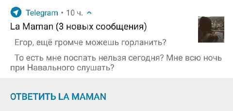 Telegram 104. [а Матап (3 новых сообщения) Егор, ещё громче можешь горланить? То есть мне поспать нельзя сегодня? Мне всю ночь при Навального слушать? ОТВЕТИТЬ МАМАМ