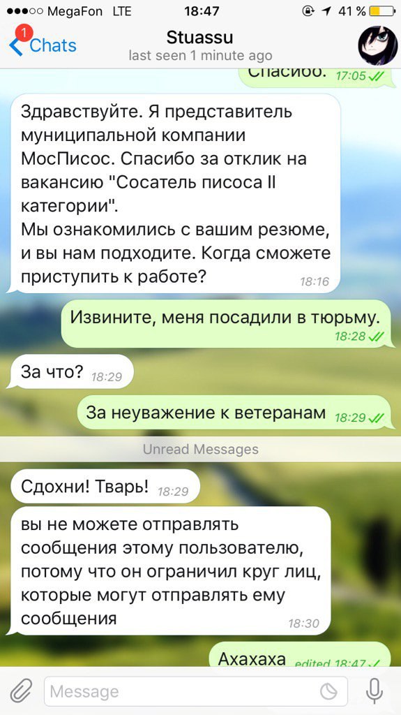 Фееоо MegaFon LTE 18:47 Chats Stuassu last seen 1 minute ago Здравствуйте. Я представитель муниципальной компании МосПисос. Спасибо за отклик на вакансию "Сосатель писоса категории". Мы ознакомились с