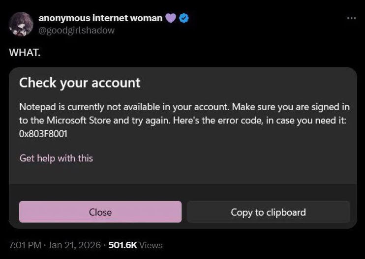 anonymous internet woman WHAT. Check your account Notepad is currently not available in your account. Make sure you are signed in to the Microsoft Store and try again. Here's the error code, in case y