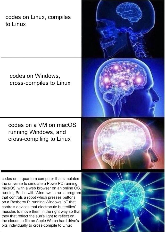 codes Linux, compiles to Linux 4 4:5: codes Windows, cross-compiles to Linux codes опа macOS running Windows, and cross-compiling to Linux NEL; codes on а quantum computer that simulates the universe 