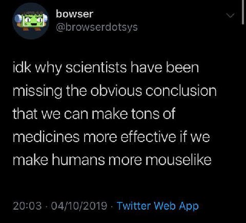 bowser @browserdotsys idk why scientists have been missing the obvious conclusion that we can make tons of medicines more effective if we make humans more mouselike 20:03 04/10/2019 Twitter Web App